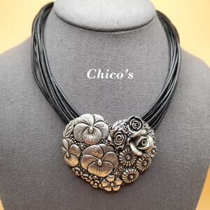 Chico's Floral Heart Silver Tone Pendant Necklace, 9 Strands Black Leather, 20"